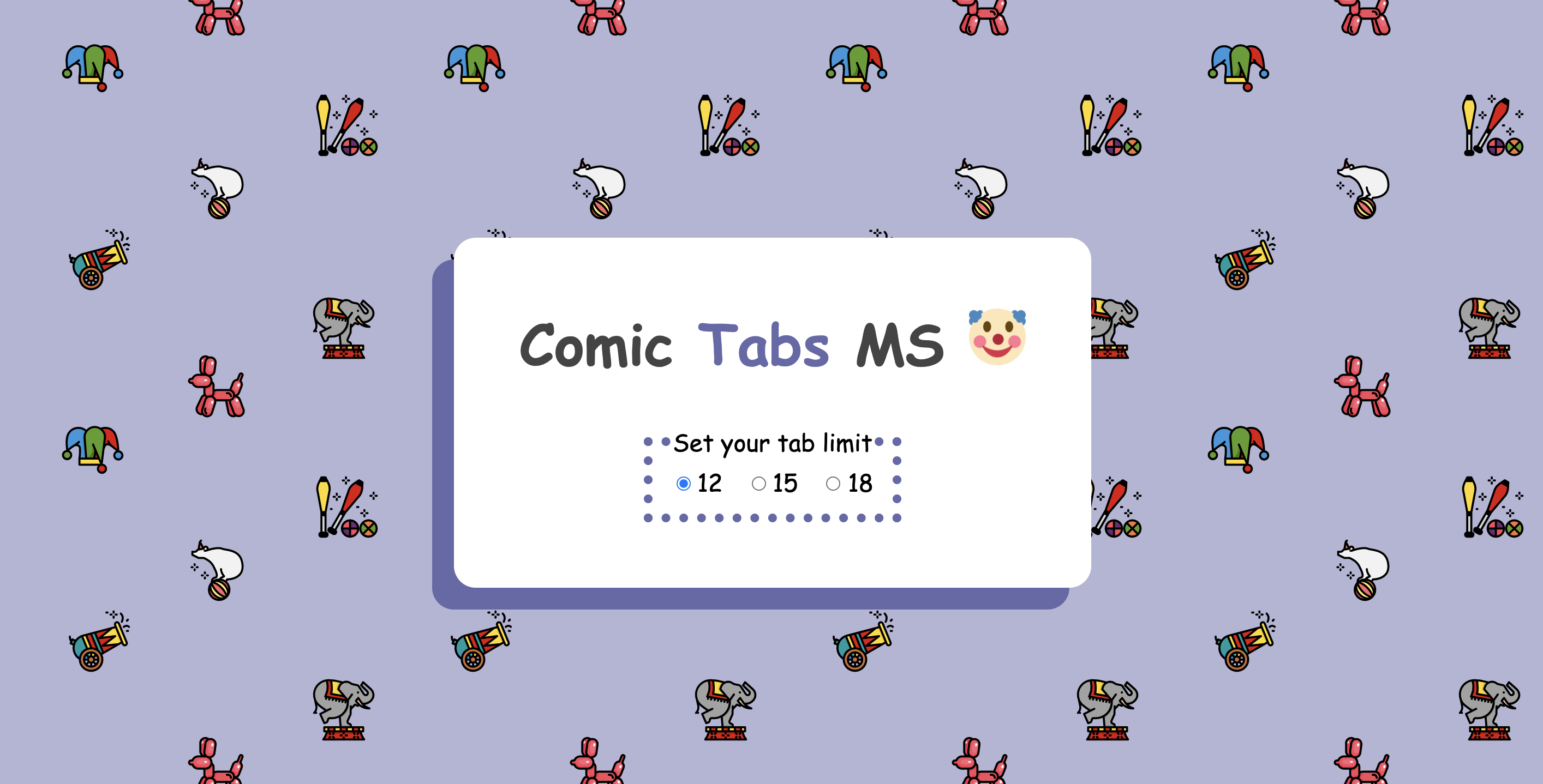 A screenshot of the Comic Tabs MS settings page with a circus themed background.