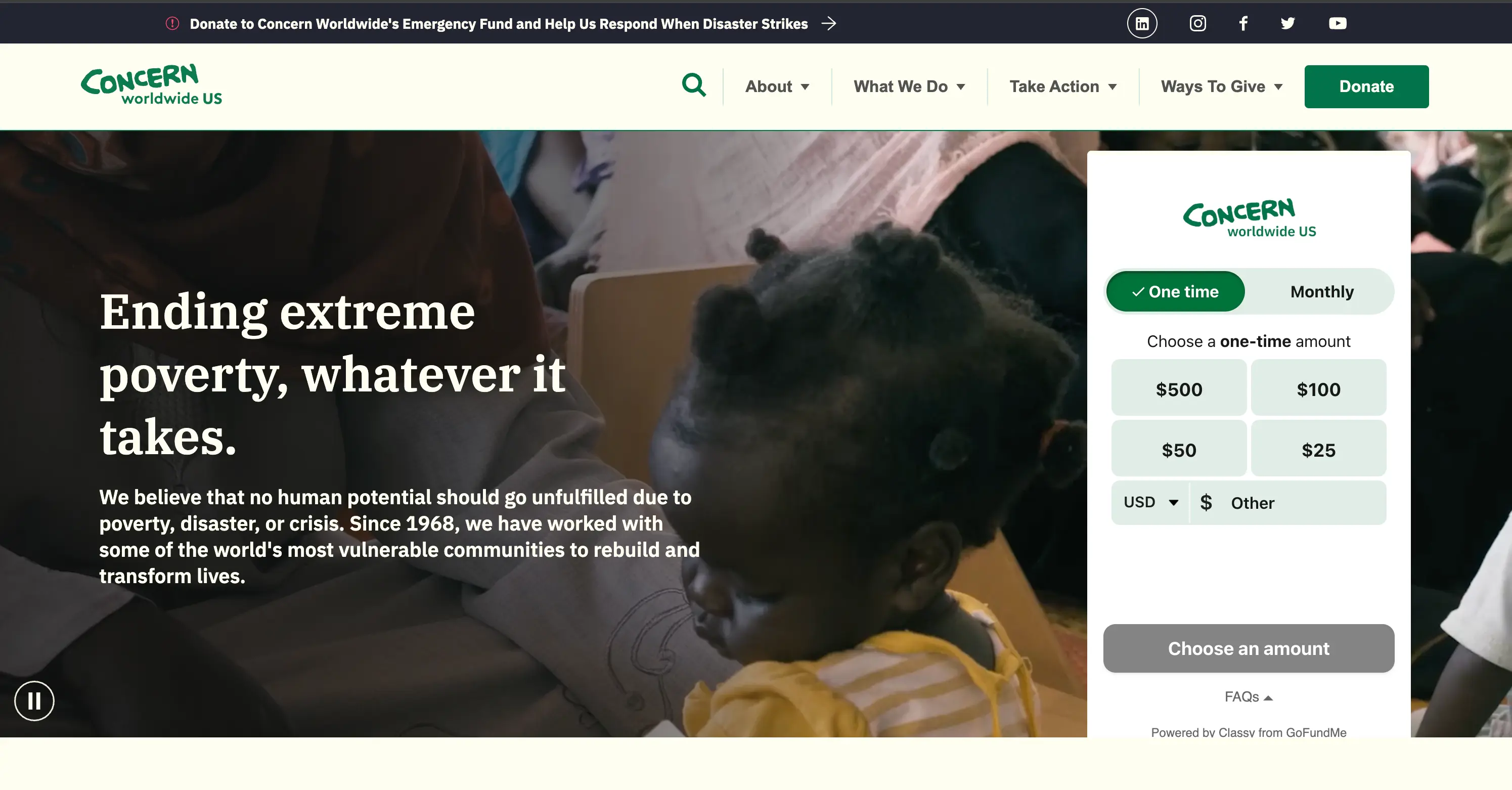 The landing page of the Concern Worldwide US website.