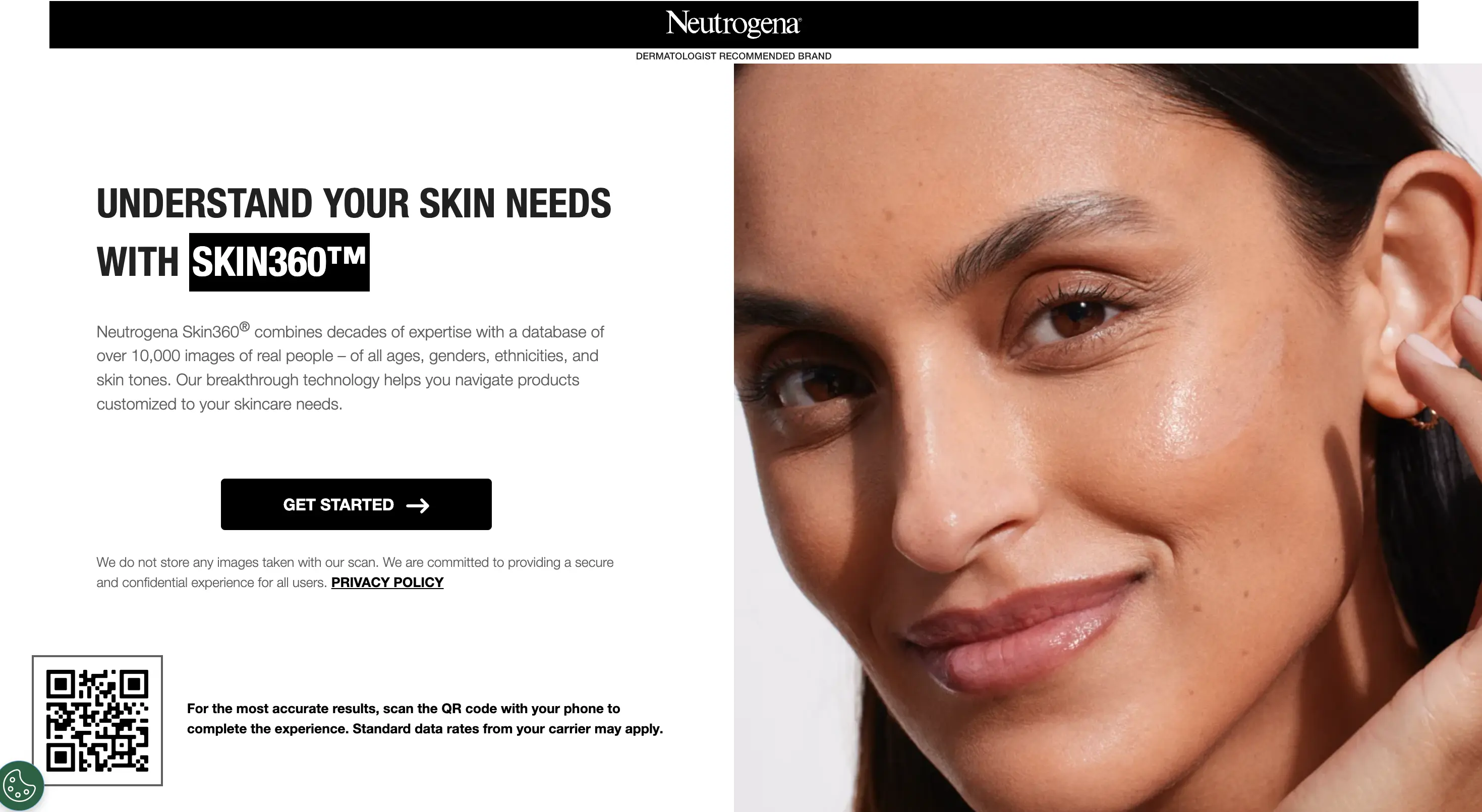 The landing page of the Neutrogena skin 360 web app.